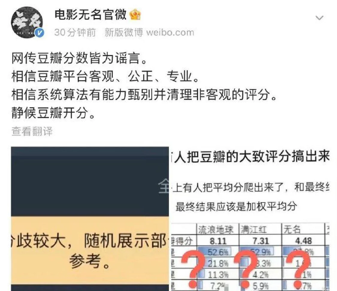 网传《无名》豆瓣评分4.48  片方回应：皆为谣言 静候开分